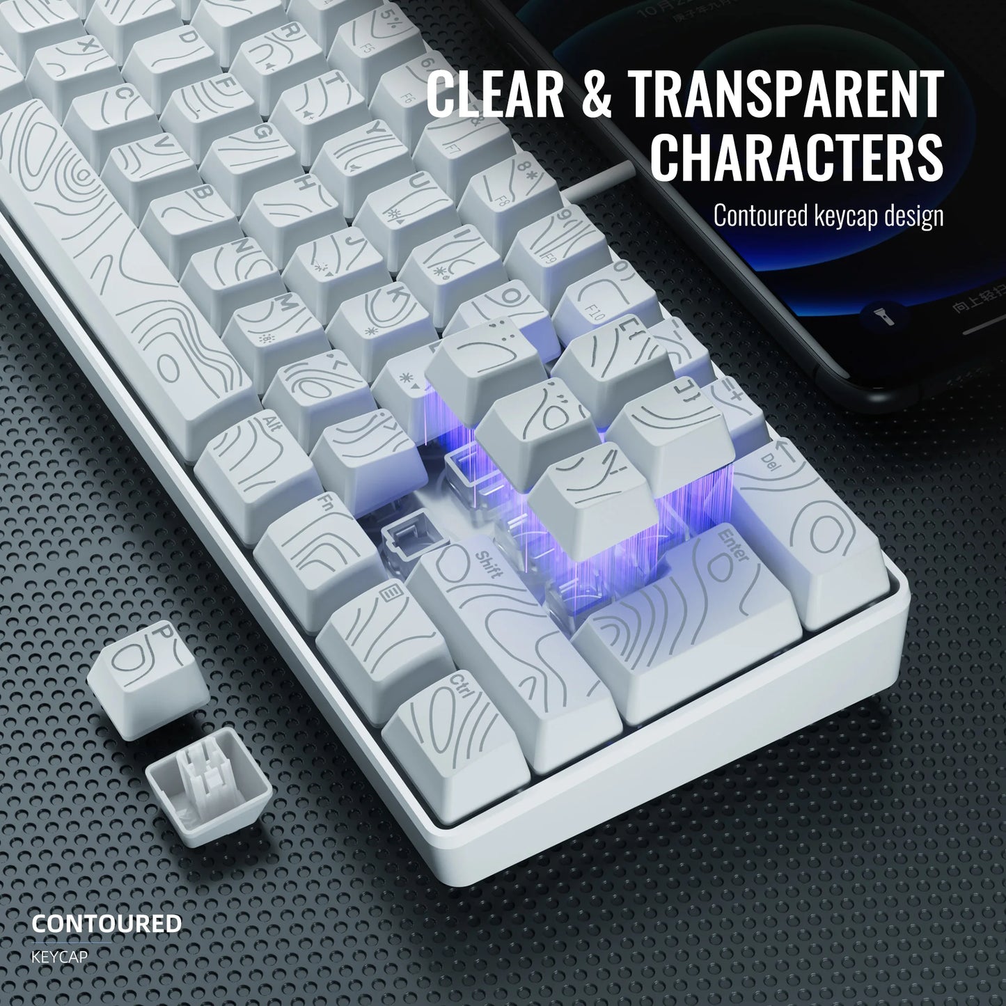 gaming keyboard, numeric keypad and mouse set. The mini gaming keyboard has 61 keys and features true RGB backlighting. Sui