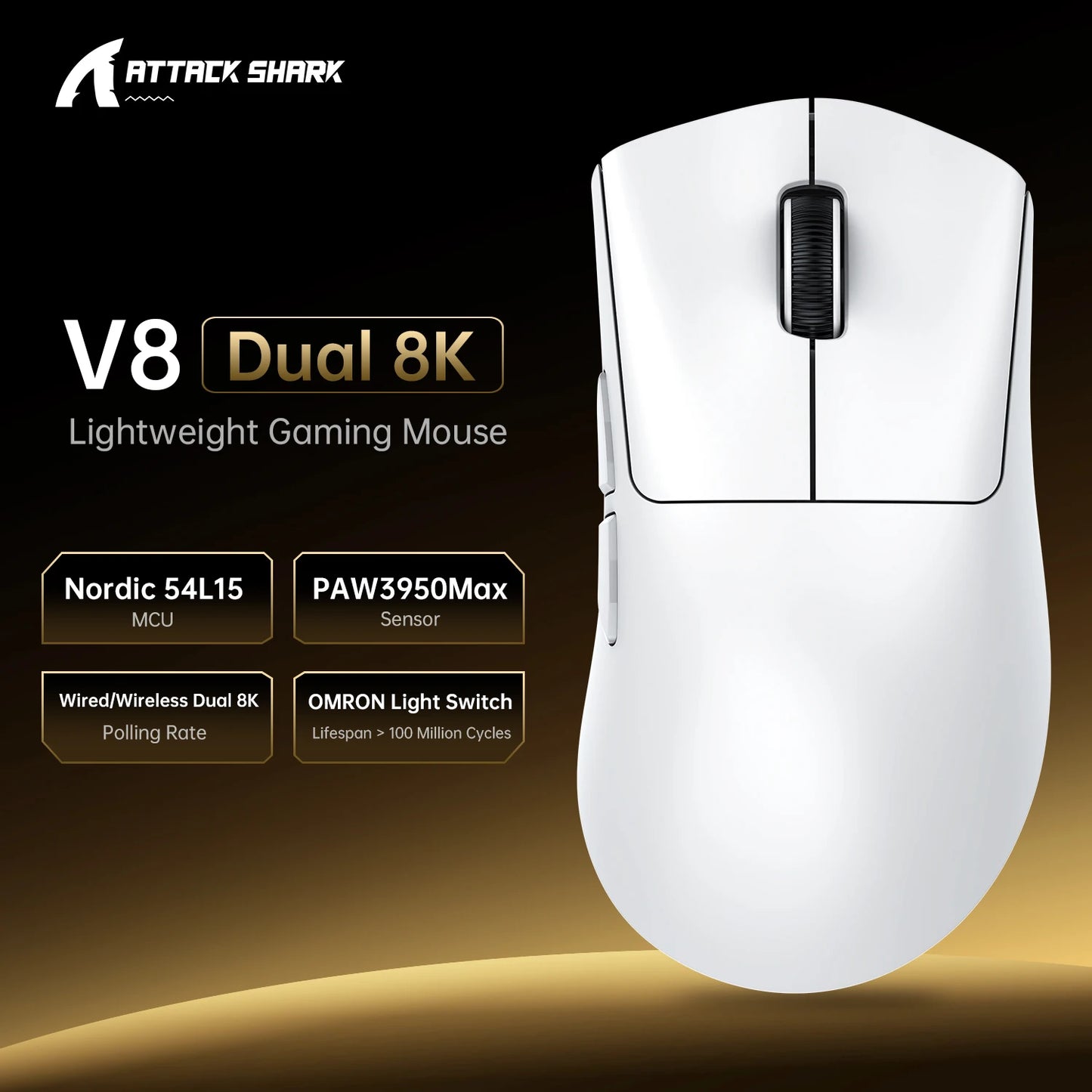 SHARK V8 Dual 8K Gaming Wireless Mouse, PAW3950MAX 42K DPI, 8000Hz, 59g Lightweight Ice-Cool Coating, Nordic 54L15 MCU