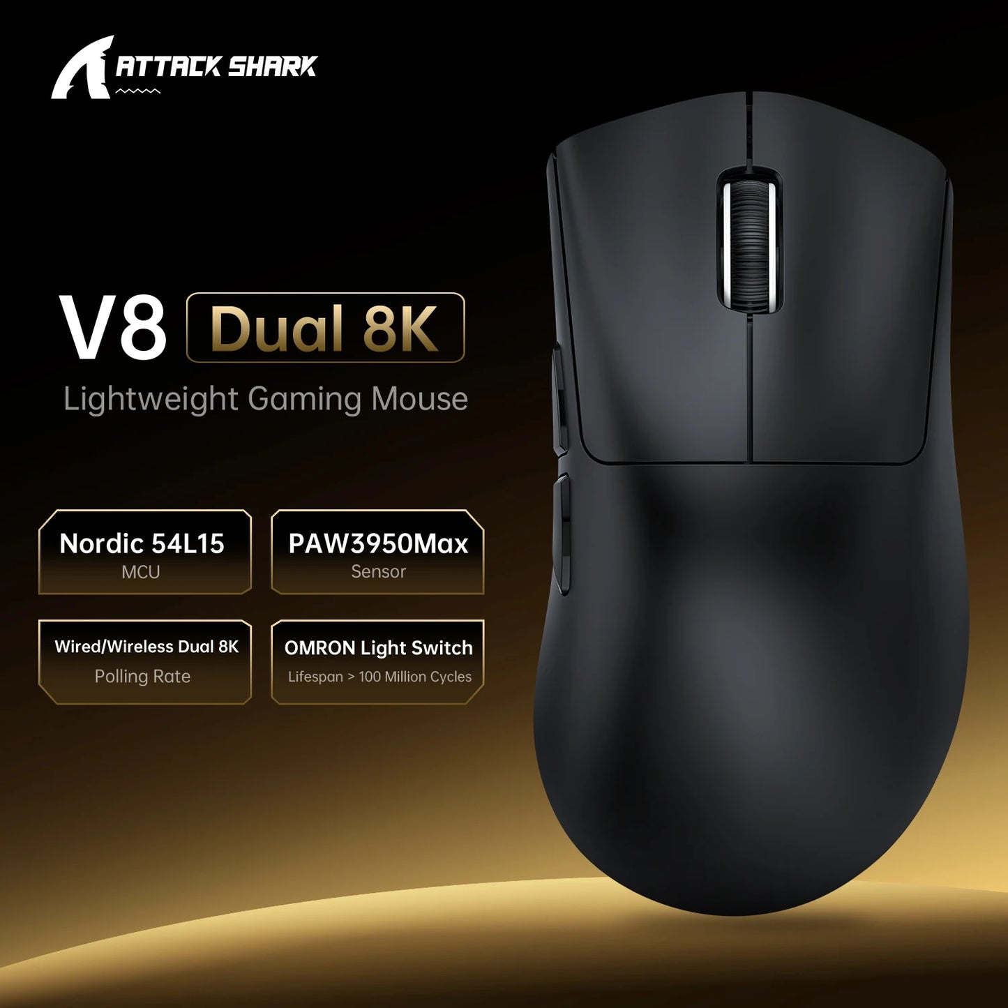 SHARK V8 Dual 8K Gaming Wireless Mouse, PAW3950MAX 42K DPI, 8000Hz, 59g Lightweight Ice-Cool Coating, Nordic 54L15 MCU