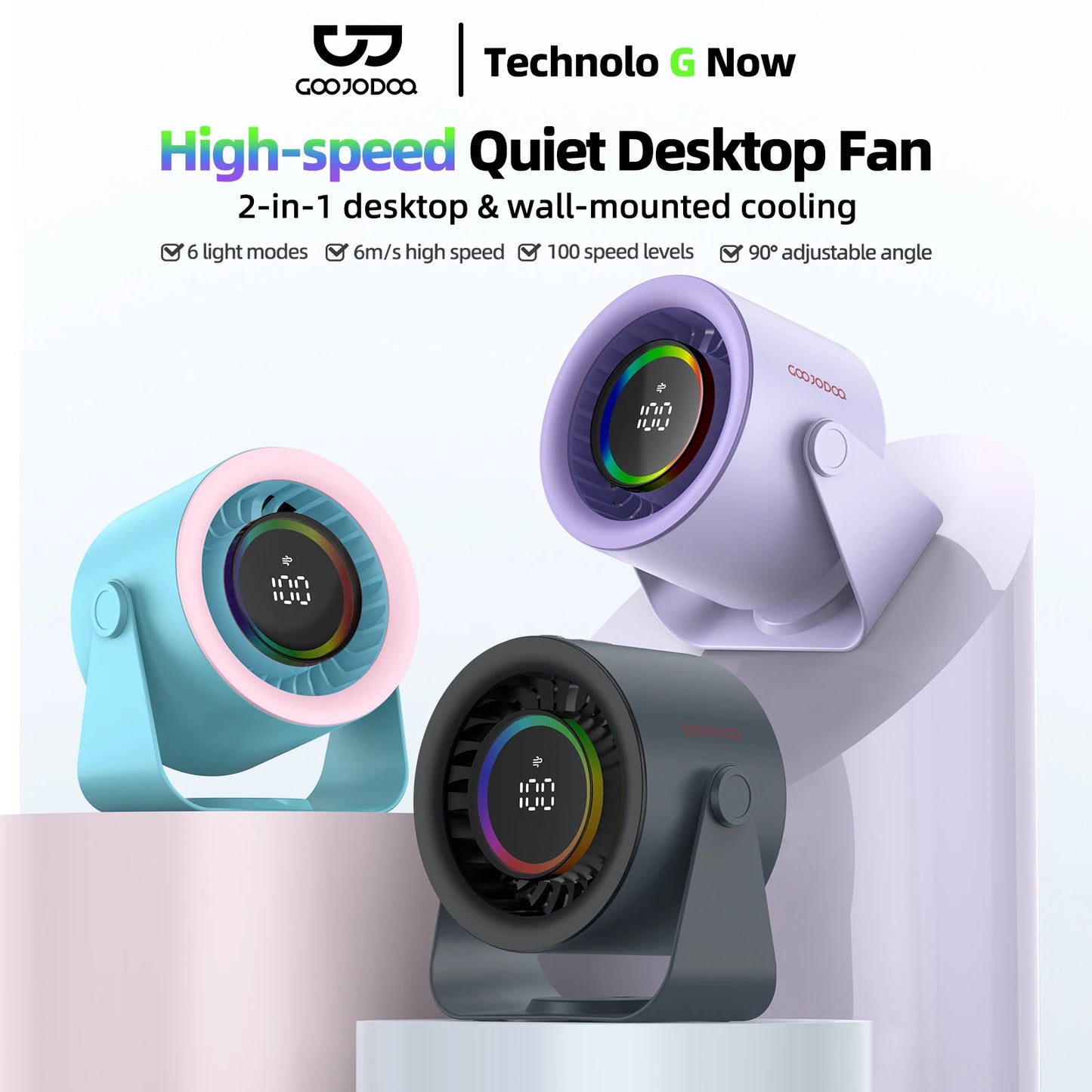 Desktop Fan 4000mAh Silent Adjustable Speed Air Circulation Fan 100 Speeds with Digital Display Wall Mountable