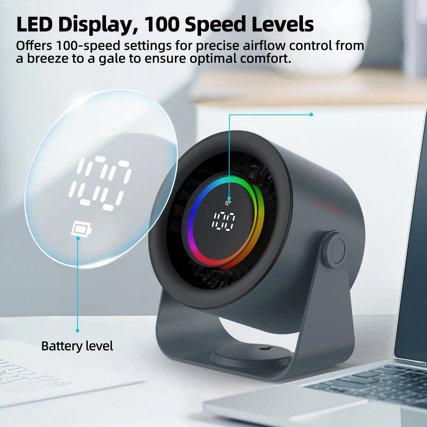 Desktop Fan 4000mAh Silent Adjustable Speed Air Circulation Fan 100 Speeds with Digital Display Wall Mountable