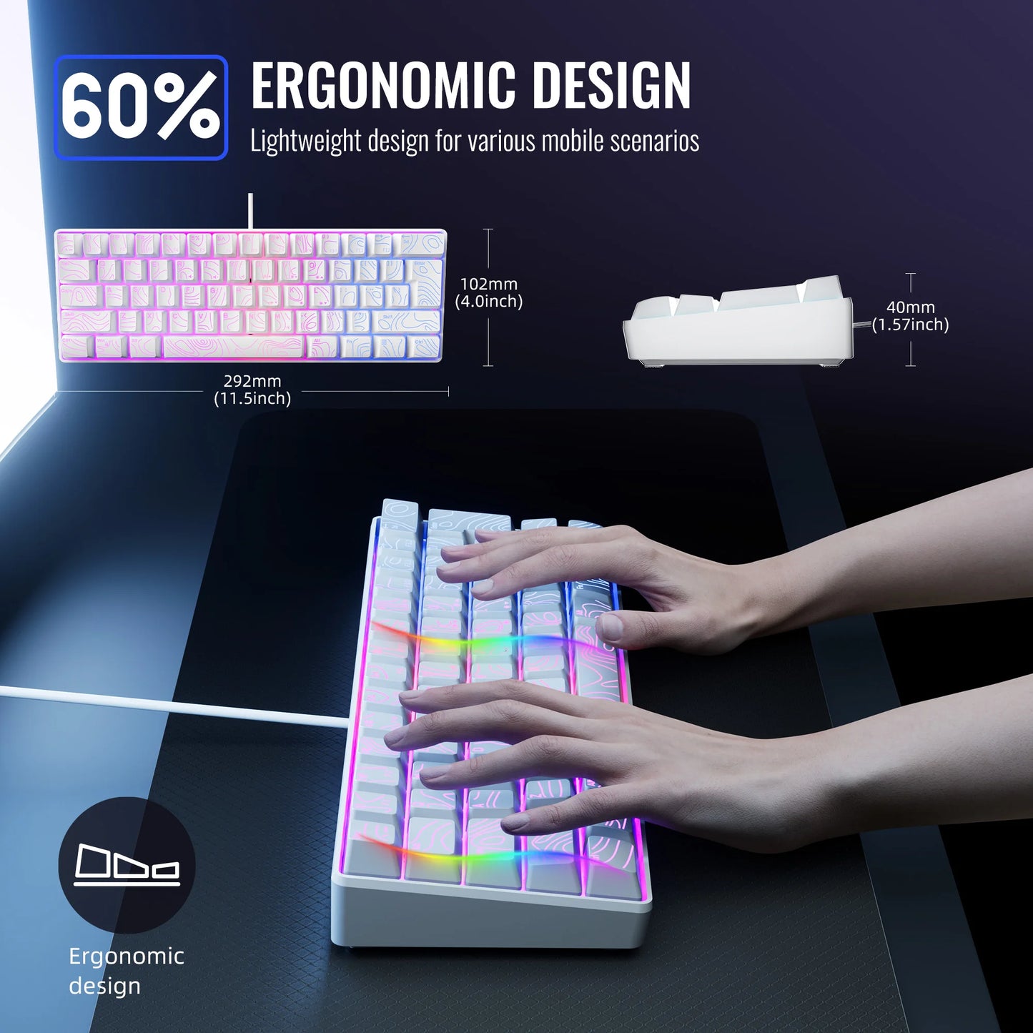 gaming keyboard, numeric keypad and mouse set. The mini gaming keyboard has 61 keys and features true RGB backlighting. Sui