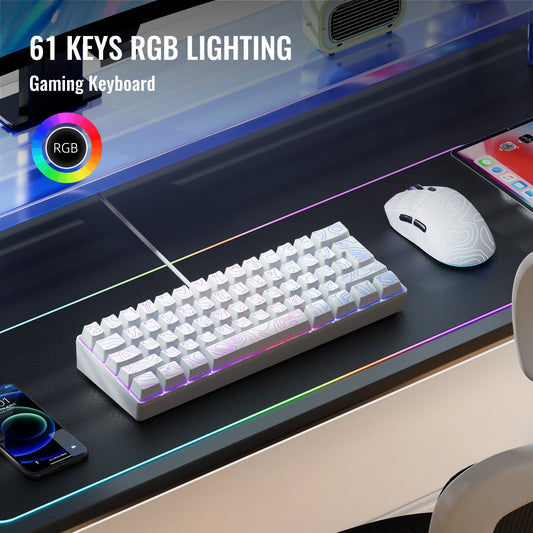 gaming keyboard, numeric keypad and mouse set. The mini gaming keyboard has 61 keys and features true RGB backlighting. Sui