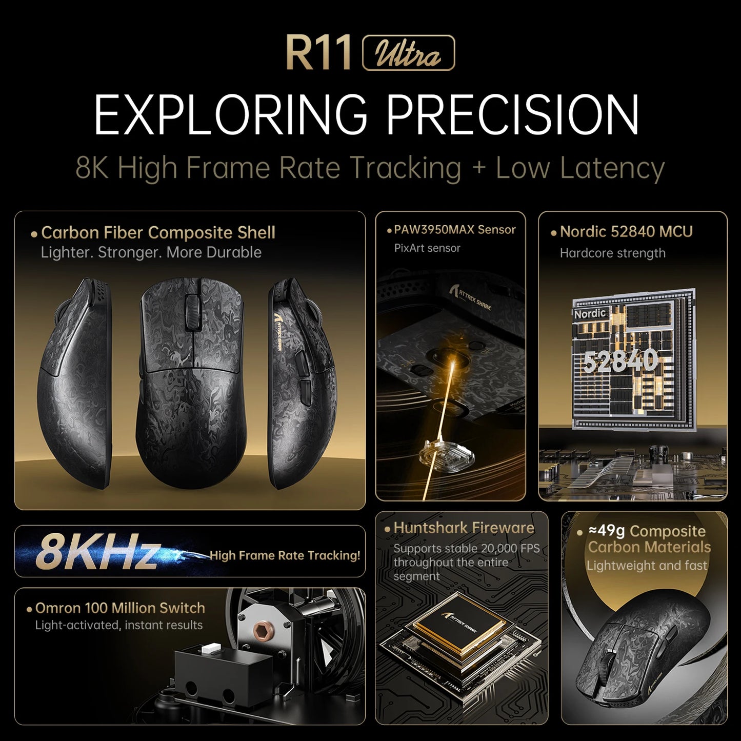 ATTACK SHARK R11 ULTRA Carbon Fiber Wireless Gaming Mouse,