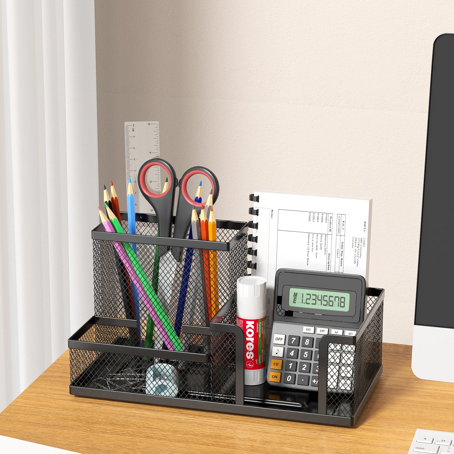 Mesh Pen Holder and Organizer Office Supplies with 7 Compartments, Desktop Organizer with Drawer, Metal Pen Holder for Desk