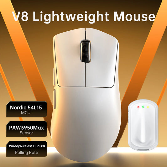 SHARK V8 Dual 8K Gaming Wireless Mouse, PAW3950MAX 42K DPI, 8000Hz, 59g Lightweight Ice-Cool Coating, Nordic 54L15 MCU