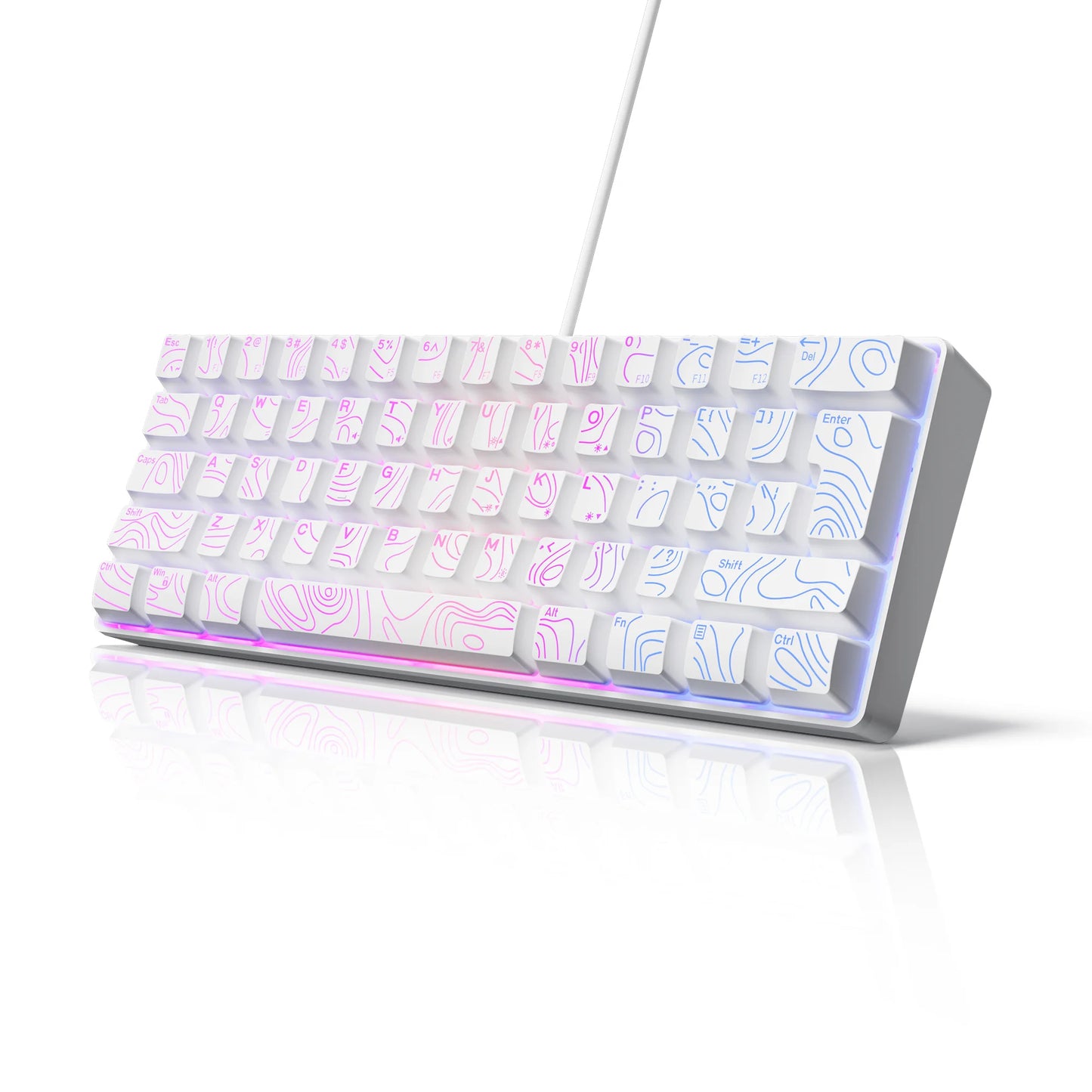 gaming keyboard, numeric keypad and mouse set. The mini gaming keyboard has 61 keys and features true RGB backlighting. Sui