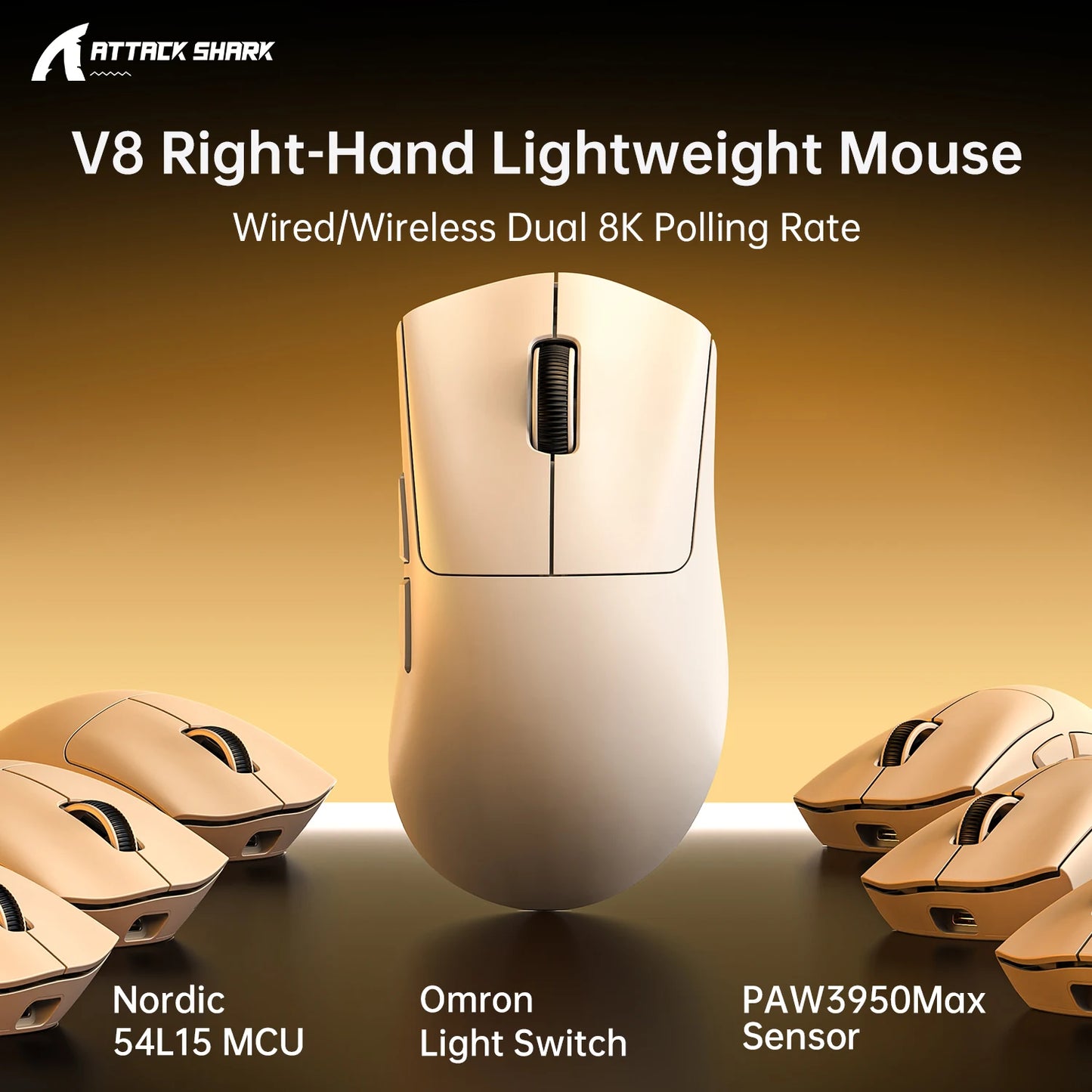 SHARK V8 Dual 8K Gaming Wireless Mouse, PAW3950MAX 42K DPI, 8000Hz, 59g Lightweight Ice-Cool Coating, Nordic 54L15 MCU