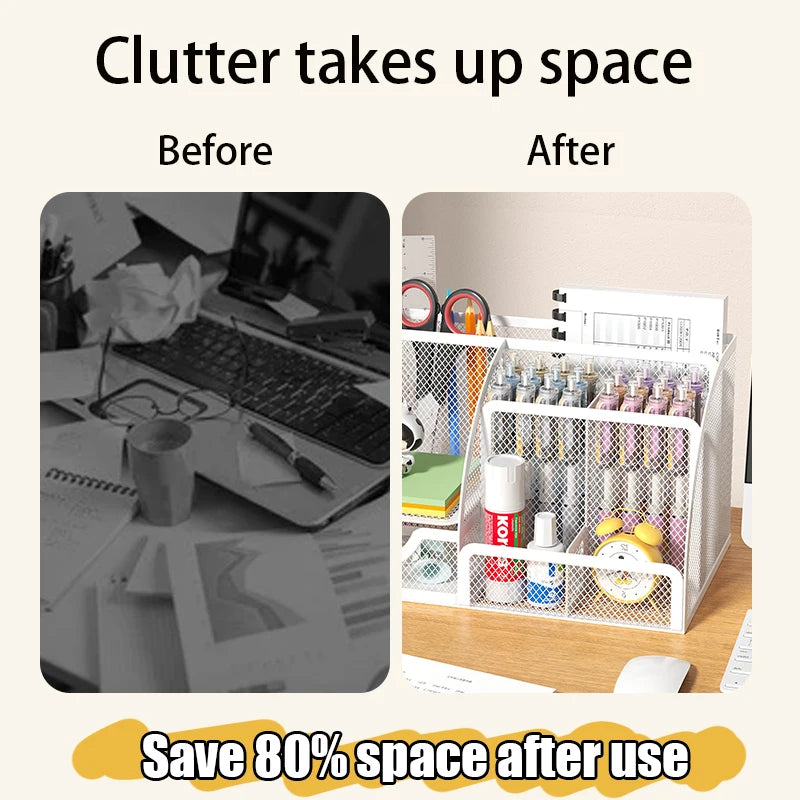 Mesh Pen Holder and Organizer Office Supplies with 7 Compartments, Desktop Organizer with Drawer, Metal Pen Holder for Desk