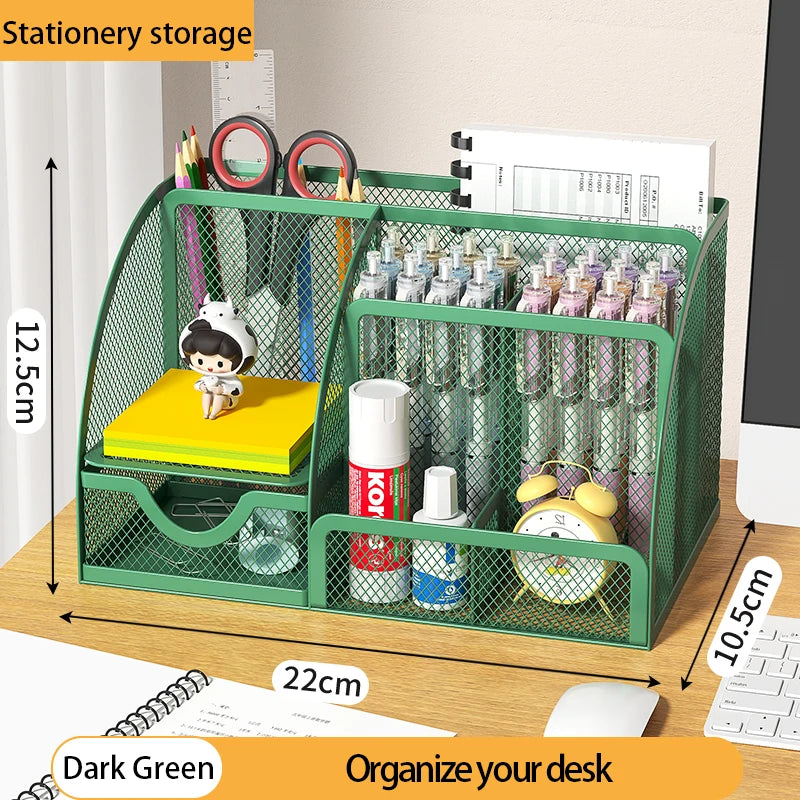 Mesh Pen Holder and Organizer Office Supplies with 7 Compartments, Desktop Organizer with Drawer, Metal Pen Holder for Desk
