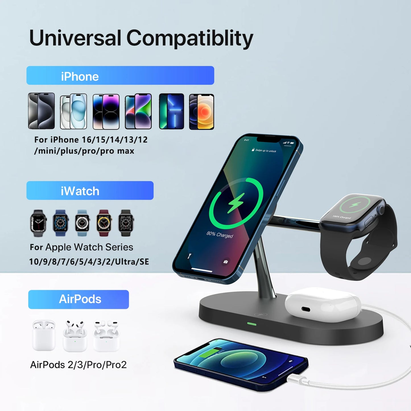 3 in 1 Wireless Charger Stand For iPhone 12/13/14/15/16/17 Fast Charging Station